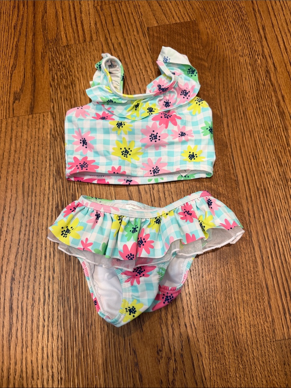 Little Me Floral Ruffle Two-Piece Bikini - Aqua, Pink & Yellow